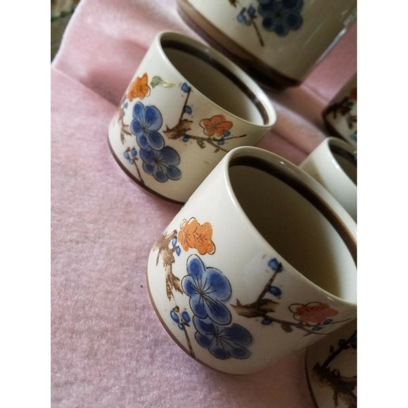 Vintage Pottery Stoneware Japanese Tea set, flower design in cobalt blue 8 piece - Picture 5 of 8